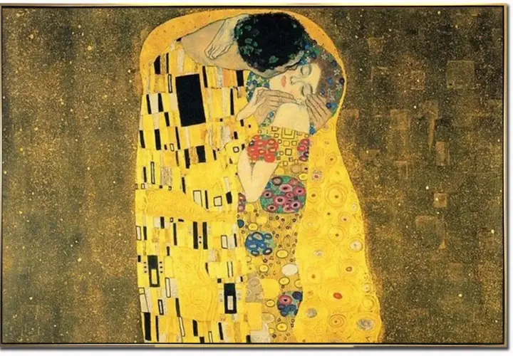 Gustav Klimts "Der Kuss" zeigt ein goldenes Paar, das sich innig umarmt und küsst, umgeben von einem abstrakten, funkelnden Hintergrund.