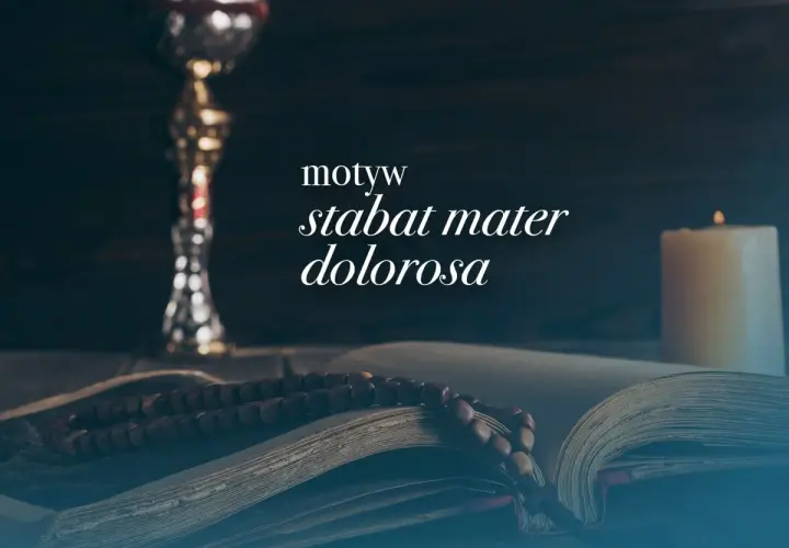 Kielich, otwarta księga z różańcem i płonąca świeca. Napis: "stabat mater dolorosa".