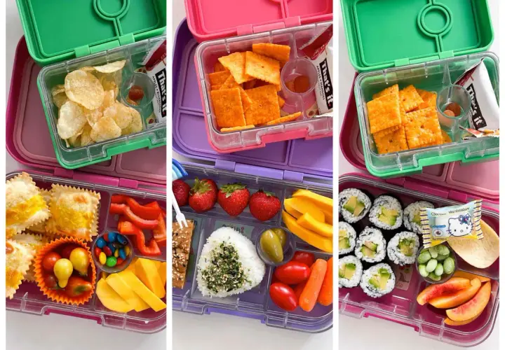 Creative bento box ideas: chips, crackers, ravioli, sushi, fruit, veggies, and candy.