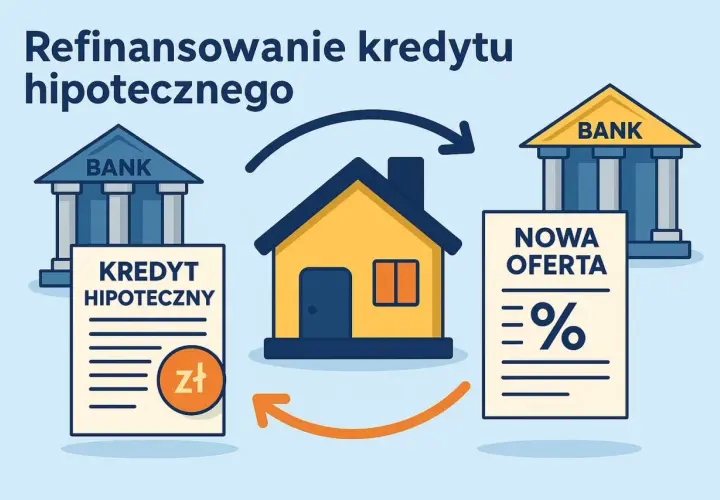 Ilustracja pokazuje przeniesienie kredytu hipotecznego. Stary kredyt z jednego banku jest zamieniany na nową ofertę z innego banku, co symbolizuje dom.