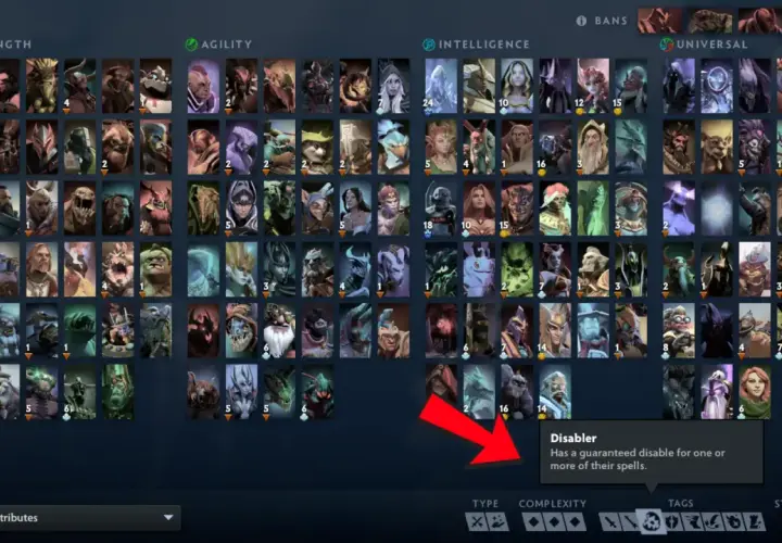 Wybór dota postaci: siła, zwinność, inteligencja i uniwersalne. Widoczna podpowiedź o "Disabler" - postaciach z umiejętnością ogłuszenia.