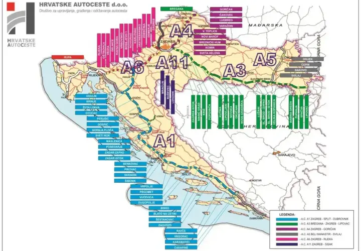Mapa autostrad Chorwacji z zaznaczonymi trasami A1, A3, A4, A5, A6 i A11. Winieta Chorwacja.