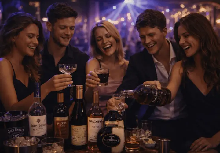 Grupa przyjaciół śmieje się, pijąc drinki i nalewając Sheridansa w barze.