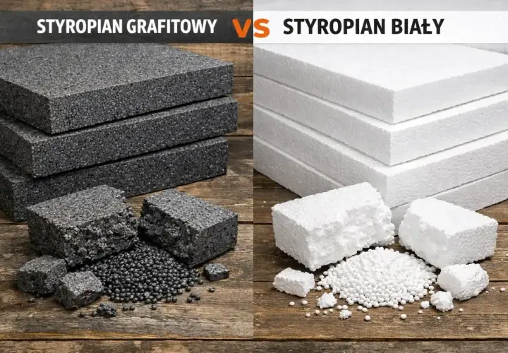 Styropian grafitowy i biały EPS na drewnianym tle. Różnice w strukturze i granulacji materiałów izolacyjnych.