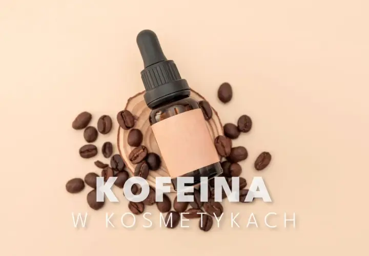 Kofeina w kosmetykach: buteleczka z pipetką i ziarna kawy, sugerujące pielęgnację włosów.