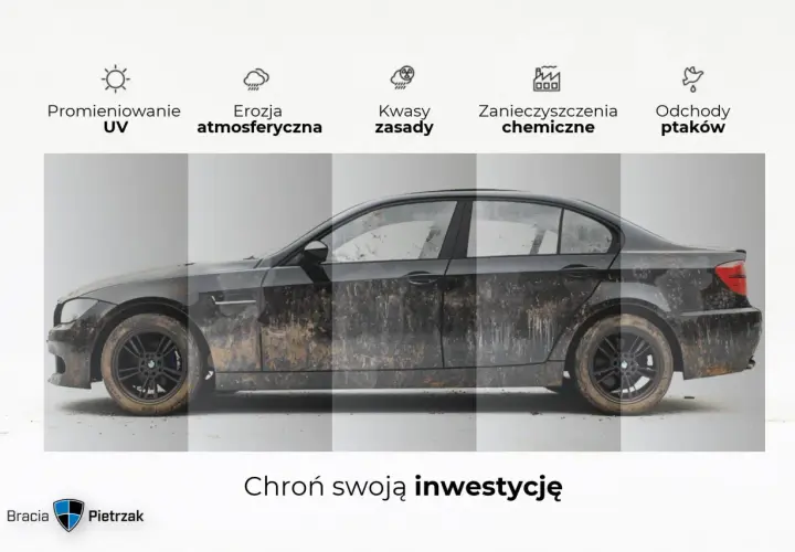 Porównanie auta przed i po nałożeniu ceramiki. Zabezpieczenie lakieru przed UV, erozją, kwasami, zanieczyszczeniami i odchodami ptaków.