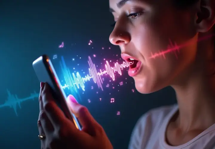 Kobieta pyta telefon: "co to za piosenka google?". Wokół niej unoszą się fale dźwiękowe i nutki.