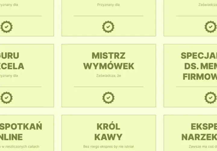 Grafika z zabawnymi tytułami i ikonami medali, np. "Guru Excela", "Mistrz Wymówek".