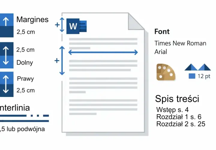 Ustawienia dokumentu: marginesy 2,5 cm, czcionka Times New Roman/Arial 12 pkt, interlinia 1,5 lub podwójna. Spis treści zawiera wstęp i rozdziały. To podstawa do stworzenia bibliografii.