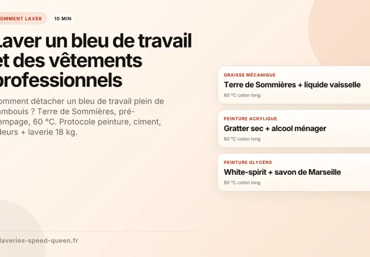 Guide pour laver un bleu de travail mécanicien taché de cambouis, peinture ou ciment. Solutions pour détachage et lavage à 60°C.