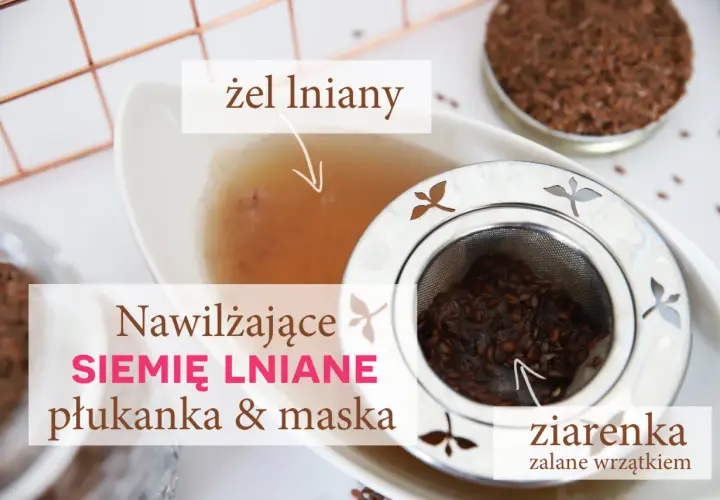 Żel lniany w miseczce, sitko z nasionami lnu zalanych wrzątkiem.