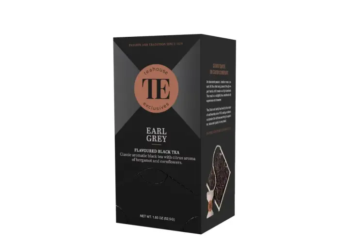 Pudełko herbaty Teahouse Exclusive Earl Grey, klasyczna czarna herbata z aromatem bergamotki i bławatka.