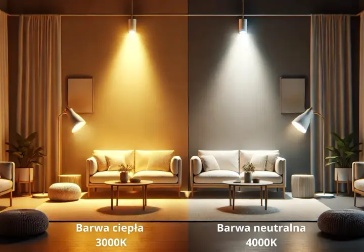 Porównanie oświetlenia: ciepłe 3000K po lewej, barwa neutralna 4000K po prawej. Wnętrze z sofami i lampami.