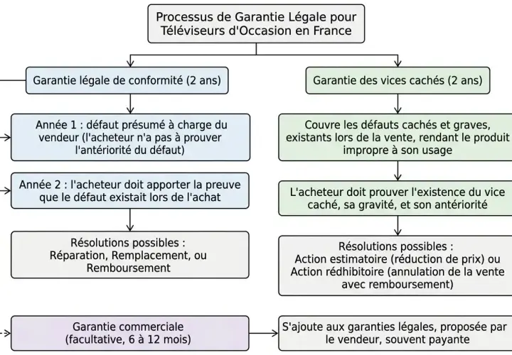 Schéma du processus de garantie légale pour téléviseurs d'occasion. En cas de produit défectueux, les résolutions possibles sont réparation, remplacement ou remboursement.