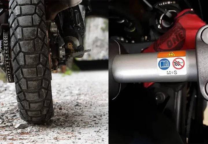 Neumático de moto con banda de rodadura agresiva y etiqueta que indica "M+S", aclarando que significa "Mud and Snow" (barro y nieve) en neumáticos.