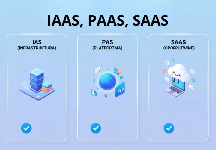 Uśmiechnięta chmura warstwowa z laptopem symbolizuje SaaS. Obok serwery (IaaS) i glob z kodem (PaaS).