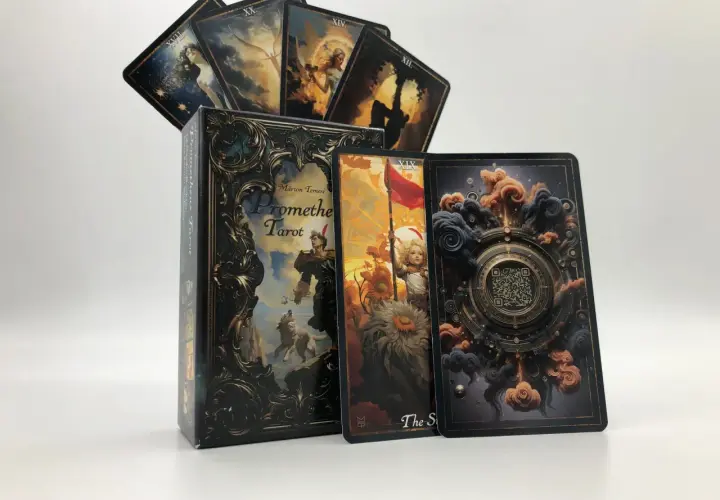 Promethe Tarot z kartami, w tym kartą XIX ze Słońcem i dzieckiem, oraz kartą z QR kodem.