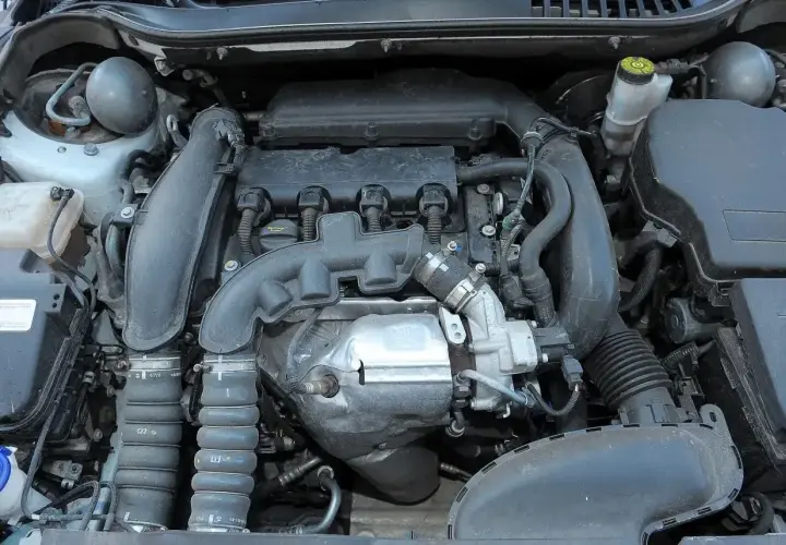Silnik Citroen C5 X7, widok z góry. Widać turbosprężarkę, kolektor dolotowy i inne elementy.