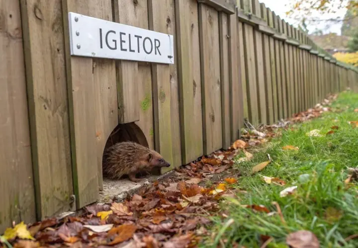 Ein Igel nutzt den "Igel-Tor"-Durchgang im Zaun, um in den Garten zu gelangen.