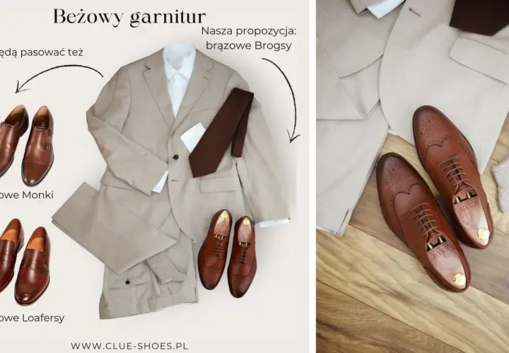 Beżowy garnitur i propozycje brązowych butów: Monki, Loafersy i Brogsy. Idealne jakie buty do beżowego garnituru.