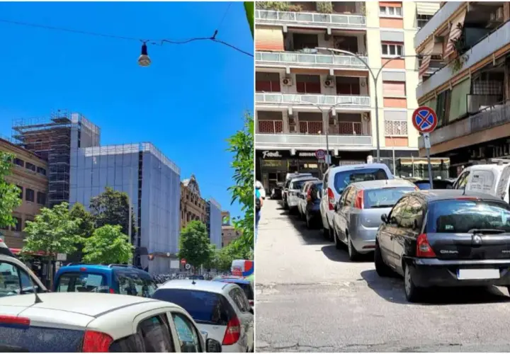Parcheggio scambiatore Roma: auto in fila su strada urbana con edifici residenziali e un cantiere.