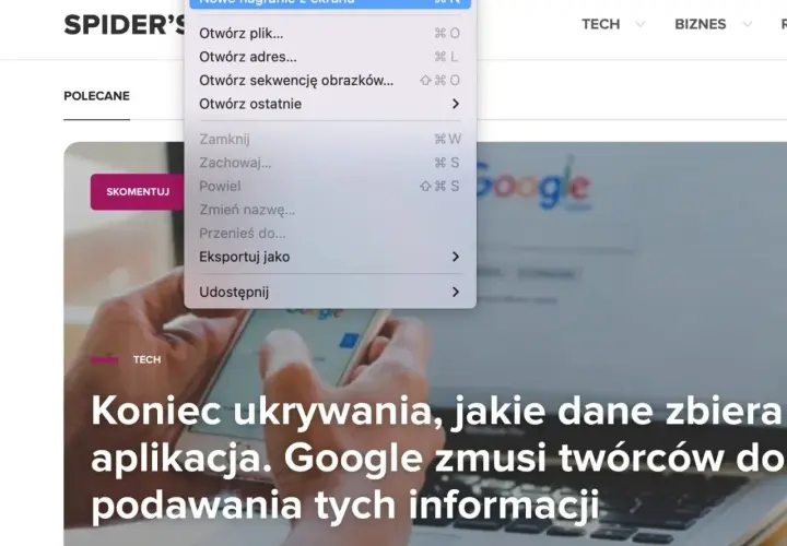 Rozpoczynanie nagrywania ekranu na komputerze Mac. Menu oferuje opcje takie jak "Nowe nagranie z ekranu" i "Eksportuj jako".
