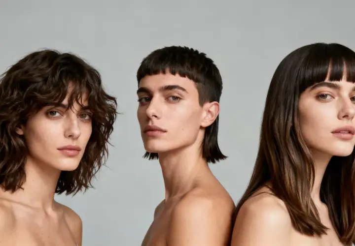 Tres modelos con diferentes peinados, uno con un corte moderno que incluye un pico de viuda, posan ante un fondo gris.
