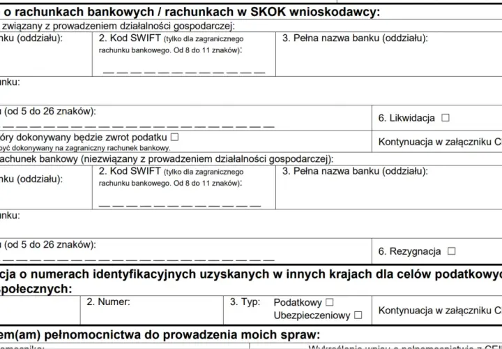 Formularz CEIDG-RB: sekcja 26. Informacje o rachunkach bankowych. Wpisz dane rachunku firmowego lub osobistego.