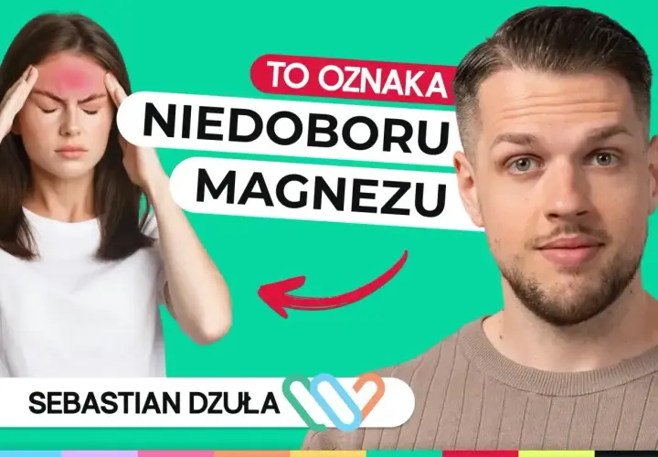 Kobieta z bólem głowy, wskazujący na objawy niedoboru magnezu. Obok mężczyzna, Sebastian Dżuła.