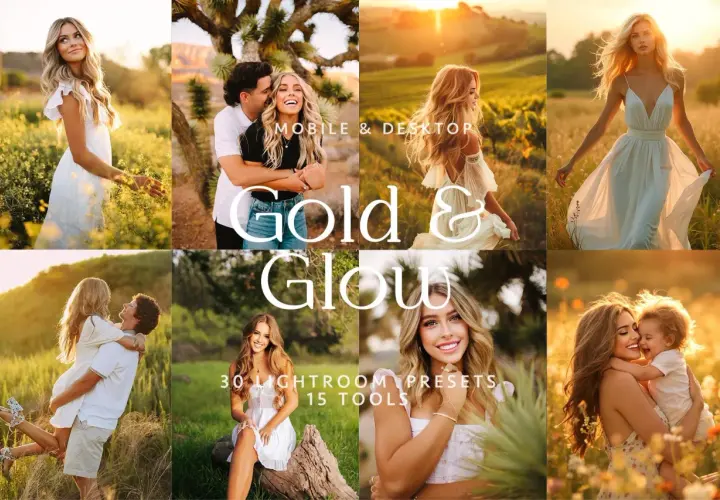 Kolaż zdjęć z sesji w złotym świetle. Dowiedz się, co to presety i jak uzyskać efekt "Gold & Glow" w Lightroom.