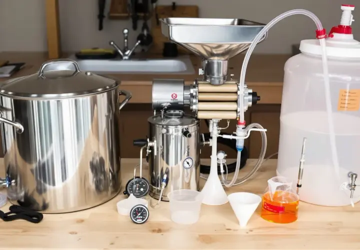 Matériel pour fabriquer sa bière : cuve, moulin à grains, fermenteur, entonnoirs et éprouvette graduée.