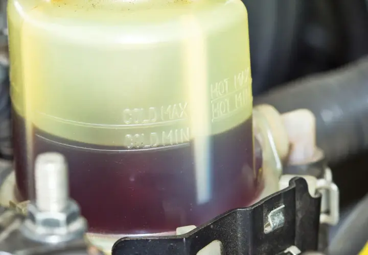 Serbatoio liquido servosterzo con indicazioni min/max. Livello basso o fluido vecchio possono causare sterzo duro.