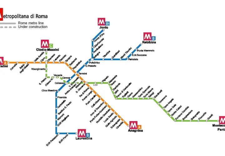 Mappa della metropolitana di Roma: per capire come prendere la metro a Roma Termini, individua le linee A, B, B1 e C e le loro fermate.