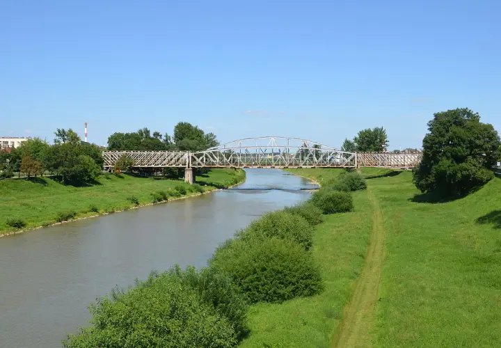 Metalowy most kratownicowy nad rzeką, otoczony zielonymi brzegami i drzewami.