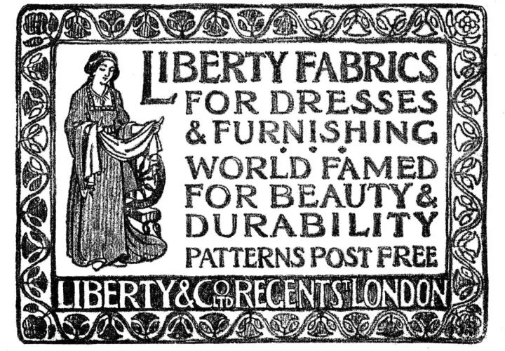 Publicité style liberty : femme présentant des tissus Liberty, célèbres pour leur beauté et durabilité. Liberty & Co, Regent Street, Londres.