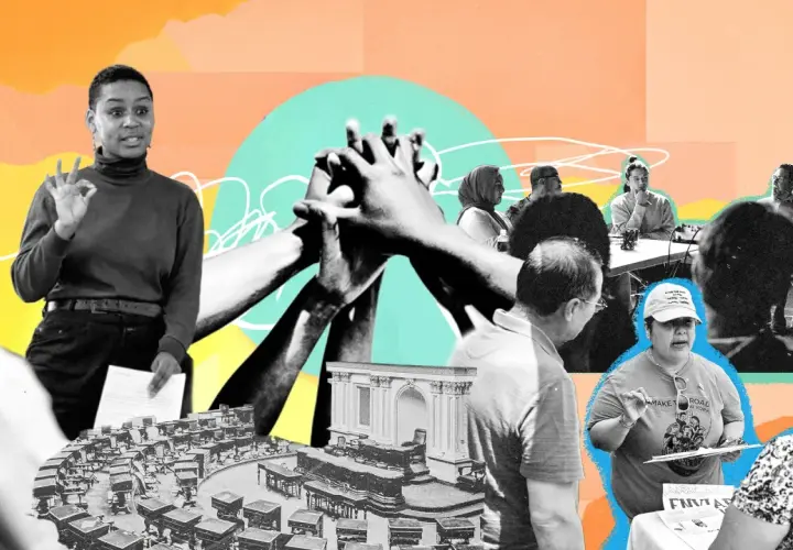 Diverse people engage in discussions and unite hands, symbolizing why civic participation is important for community action and change.