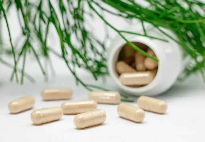 Kapseln und grünes Blattwerk. Mögliche Wechselwirkung Magnesium Blutdrucksenker? Natürliche Heilmittel im Fokus.