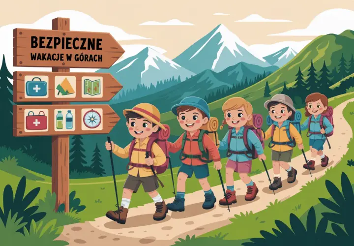 Dzieci wyruszają na wycieczkę w góry. Na drogowskazie widnieje napis "Bezpieczne wakacje w górach", a obok ikony apteczki, namiotu i mapy.