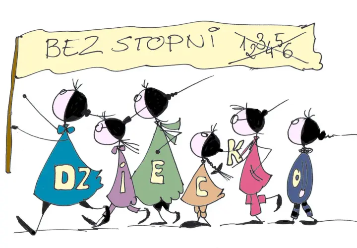 Dzieci idą z transparentem "BEZ STOPNI 1,2,3,4,5,6". Na ich strojach litery tworzą słowo "DZIECEK".