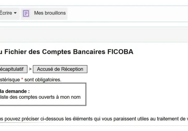 Formulaire de demande d'accès au fichier FICOB A pour consulter la liste des comptes bancaires ouverts à votre nom.