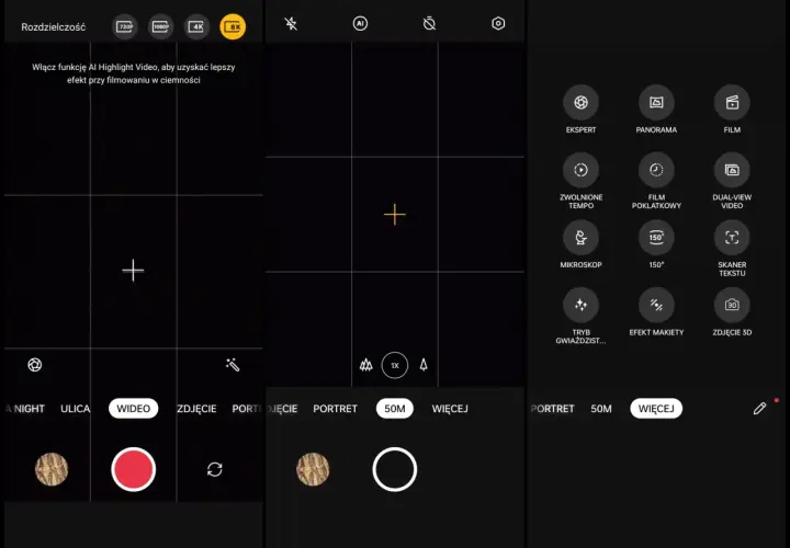 Interfejs realme UI aparatu z opcjami nagrywania wideo, w tym 8K, trybem nocnym i eksperckim.
