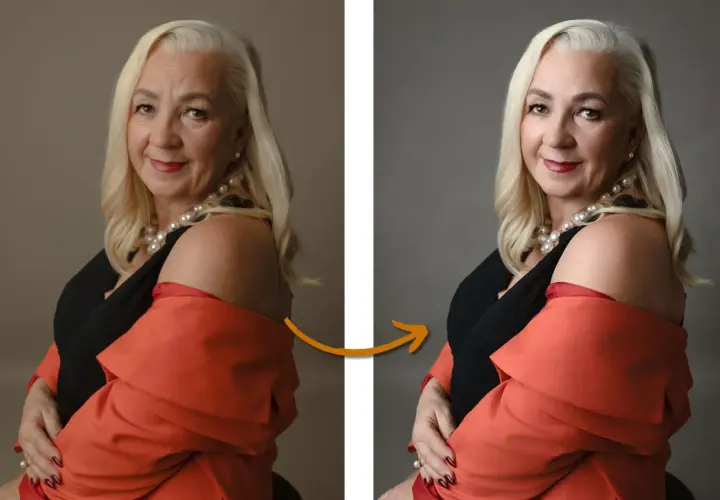 Kobieta z blond włosami i perłami, uśmiecha się. Po prawej stronie widać efekt pracy w photoshop beta, gdzie poprawiono kolory i tło.