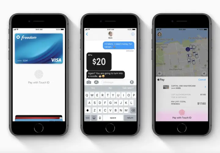 Jak płacić Apple Pay? Trzy iPhone'y pokazują różne etapy płatności: karta, wiadomość z prośbą o pieniądze i potwierdzenie płatności Lyft.
