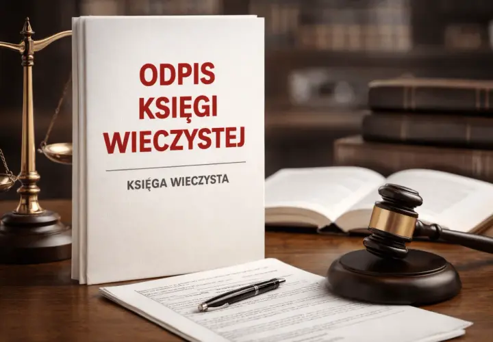 Księga wieczysta z napisem "Odpis księgi wieczystej" na okładce, obok wagi sprawiedliwości i młotka sędziowskiego. Dowiedz się, jak uzyskać wypis z księgi wieczystej.