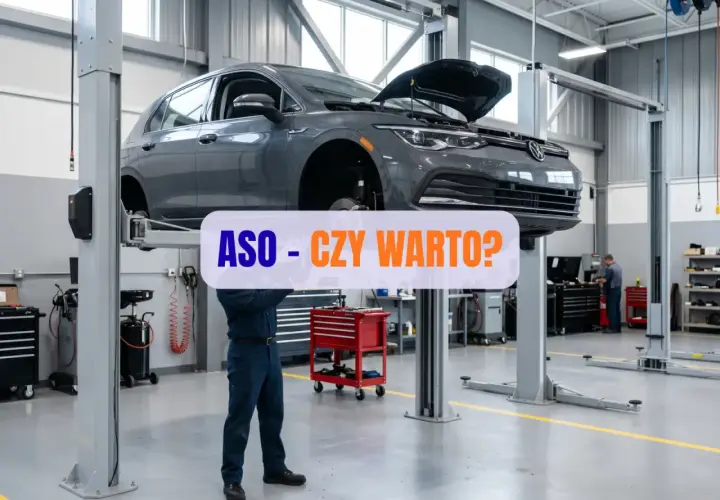 Mechanik pracuje pod samochodem na podnośniku w ASO. Czy warto?