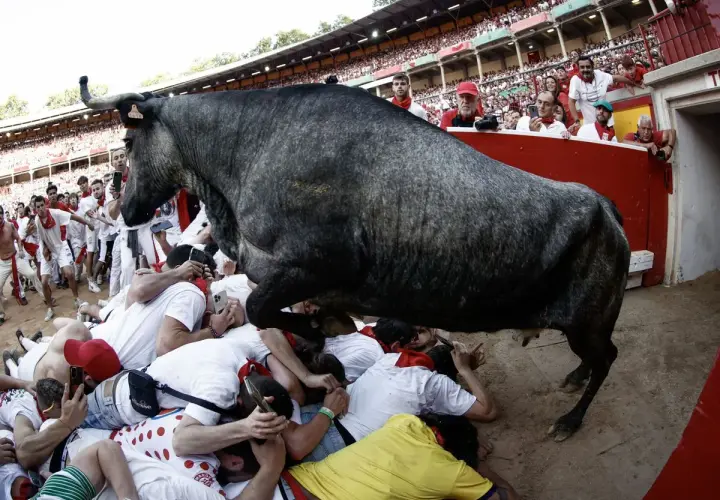 Un toro gris salta sobre un montón de gente en los chiqueros de la plaza de toros.