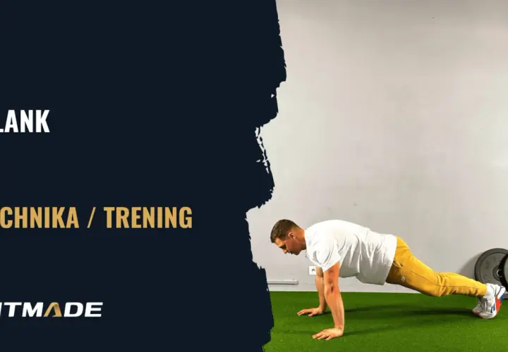 Mężczyzna wykonuje plank, ćwiczenie idealne dla początkujących. Na ekranie widnieje napis "PLANK TECHNIKA / TRENING".