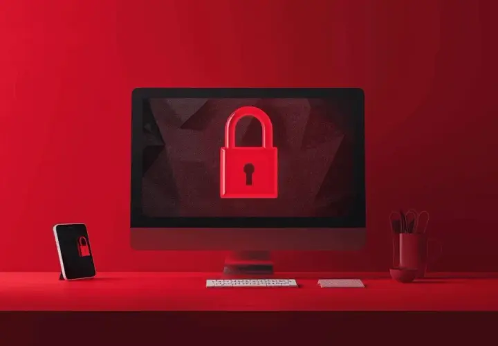Czerwony monitor i telefon z ikoną kłódki. System zabezpieczony, jakby szyfrowanie AES ECB chroniło dane.