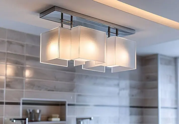 Plafonnier moderne avec abat-jours cubiques diffusant une douce lumière, idéal pour la puissance éclairage salle de bain.