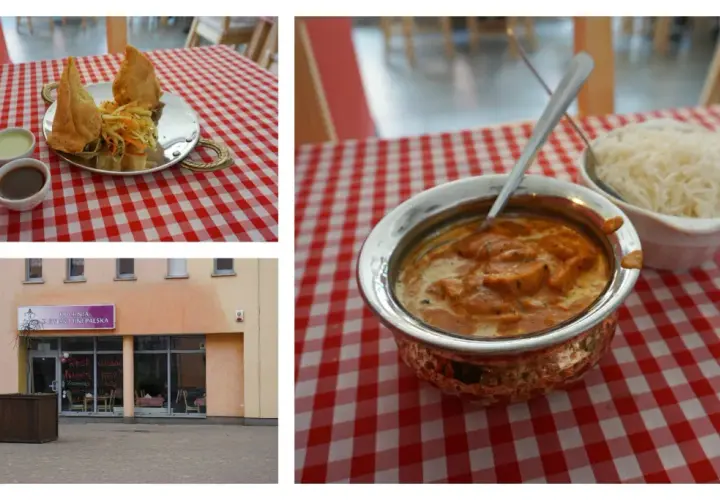 Trzy zdjęcia: dania kuchni nepalskiej, restauracja z zewnątrz i danie z ryżem.